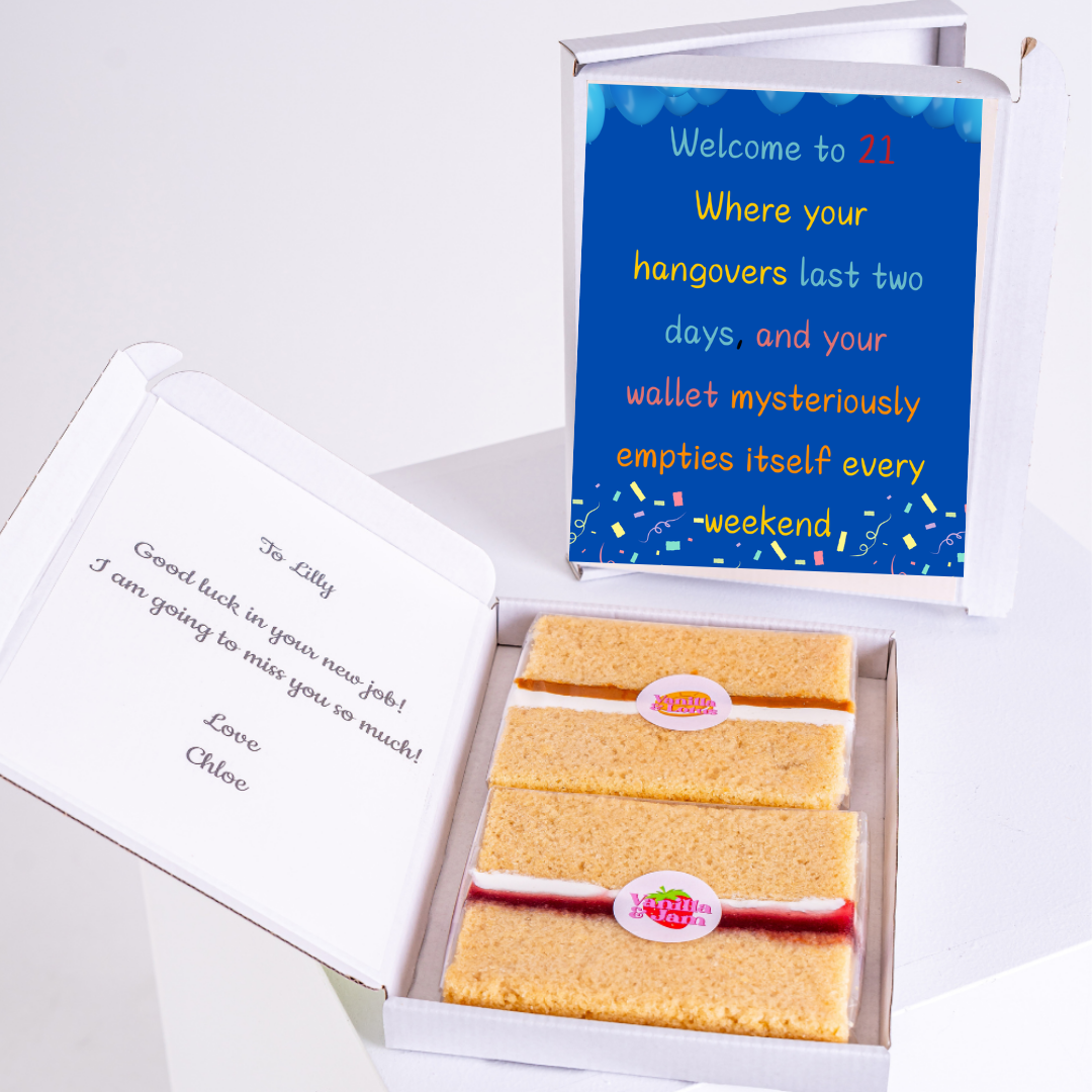 21st birthday cake gift box with Welcome to 21 message and well wishes.