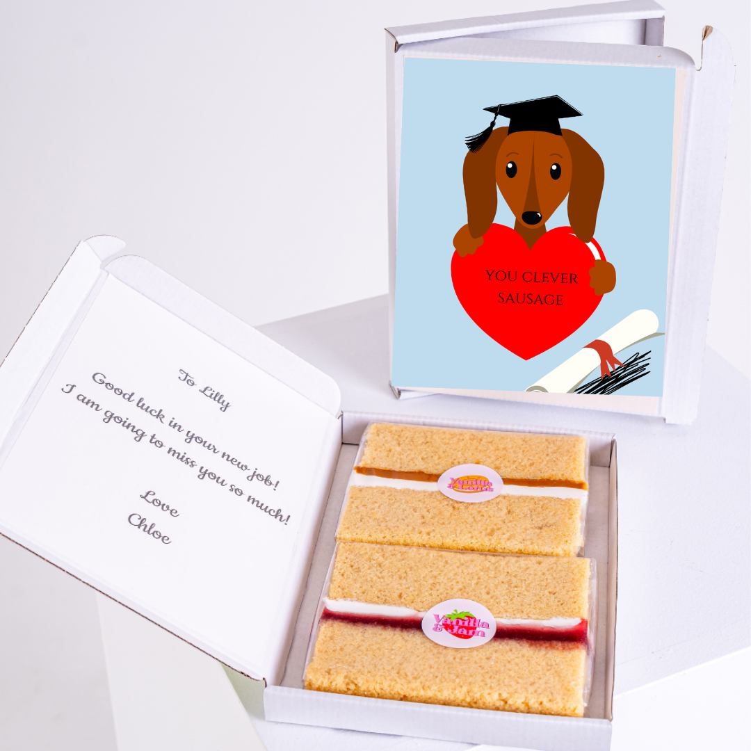 Cake box with graduation dachshund card & message to Lilly.
