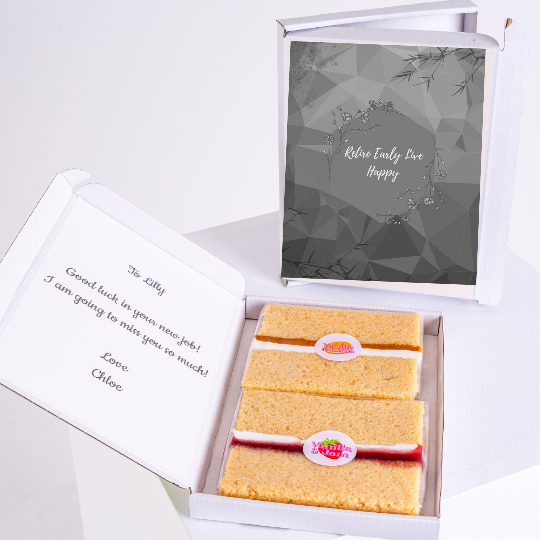 Farewell cake gift for Lilly, with message, in box.