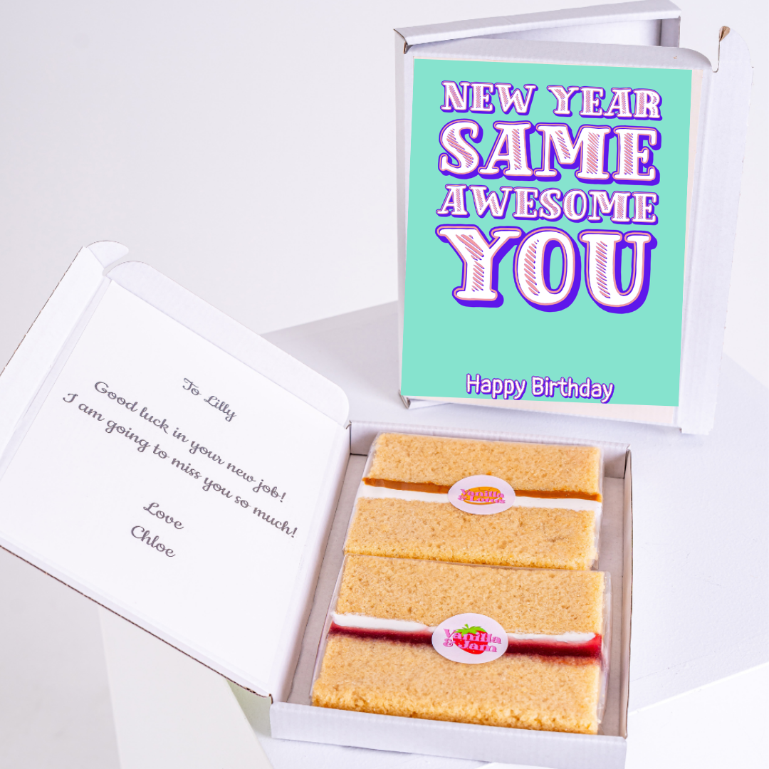 Birthday cake gift box with New Year, Same Awesome You card.