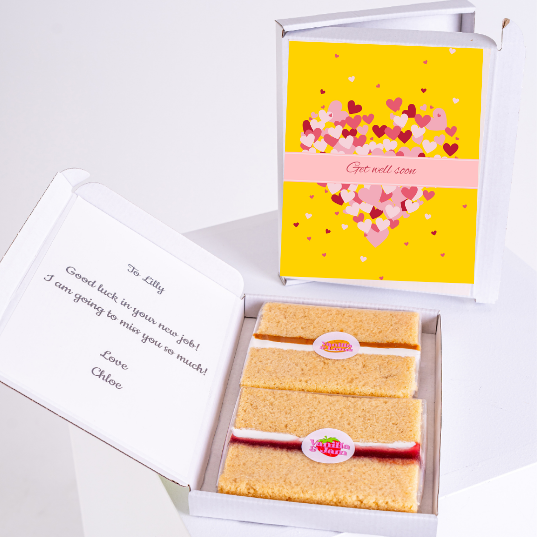 Get well soon gift box with cake and card for Lilly.