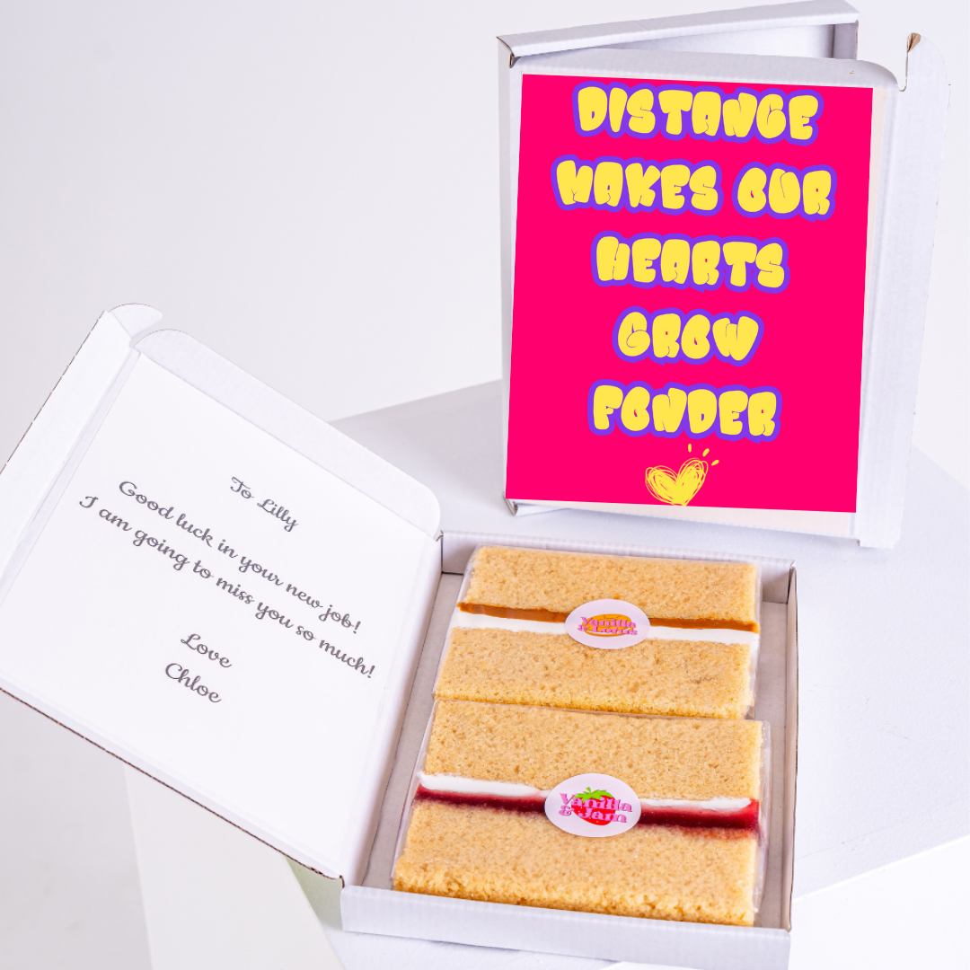 Cake gift box with Distance Makes Our Hearts Grow Fonder message.