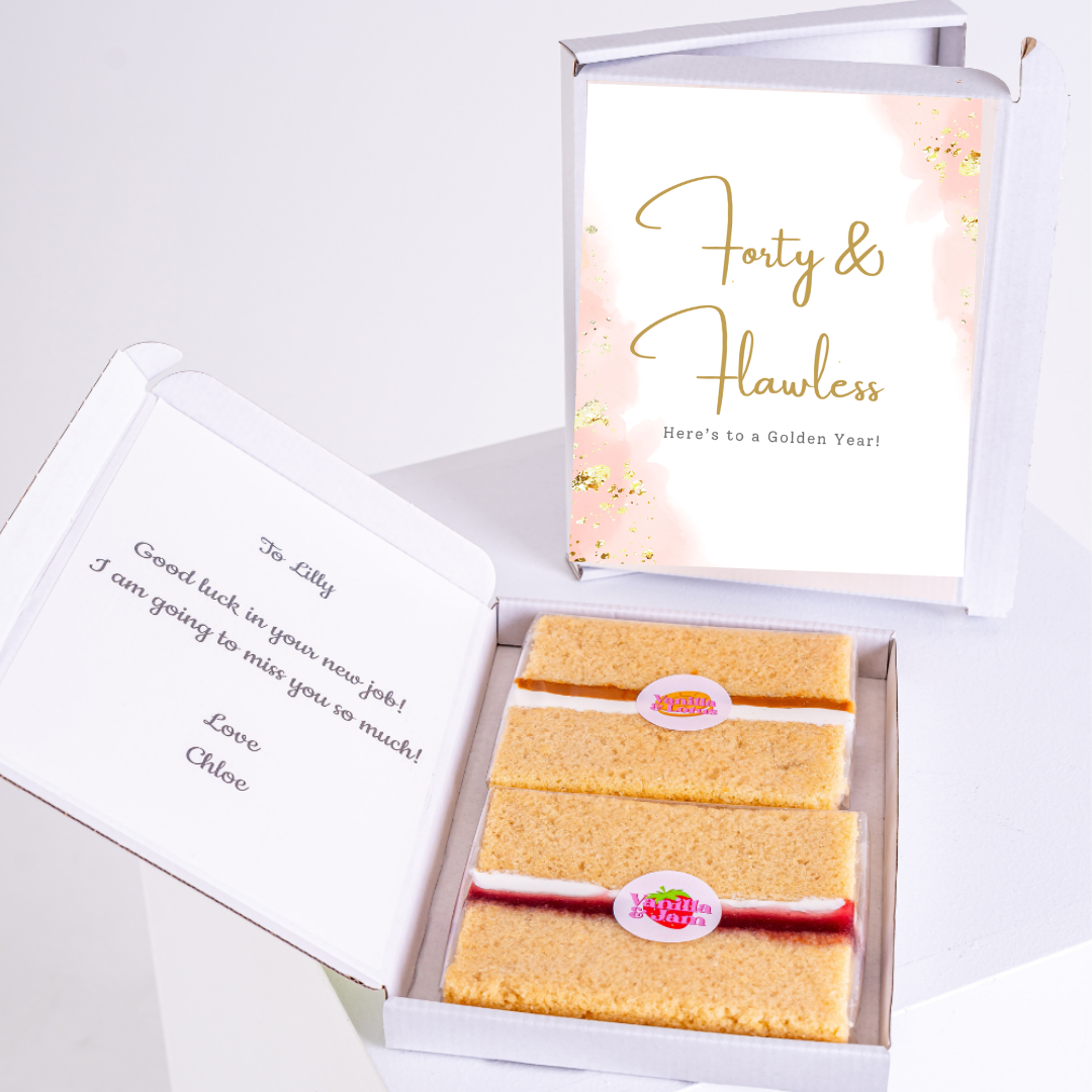 Farewell gift box with cake and card reading 'Forty & Flawless