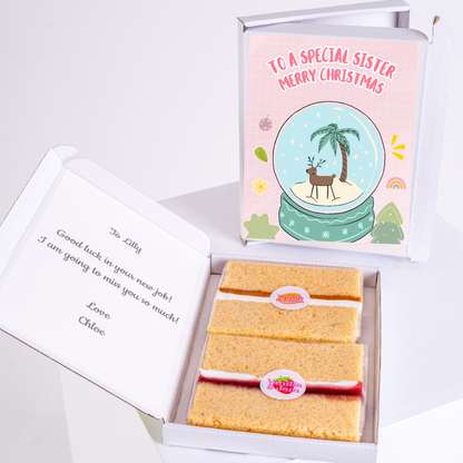 Christmas gift box for sister, with cake and card.