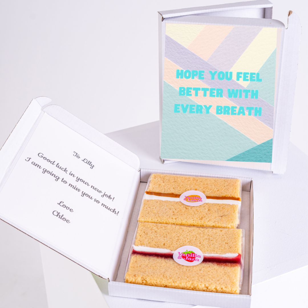 Get well gift box with cake and card for Lilly.