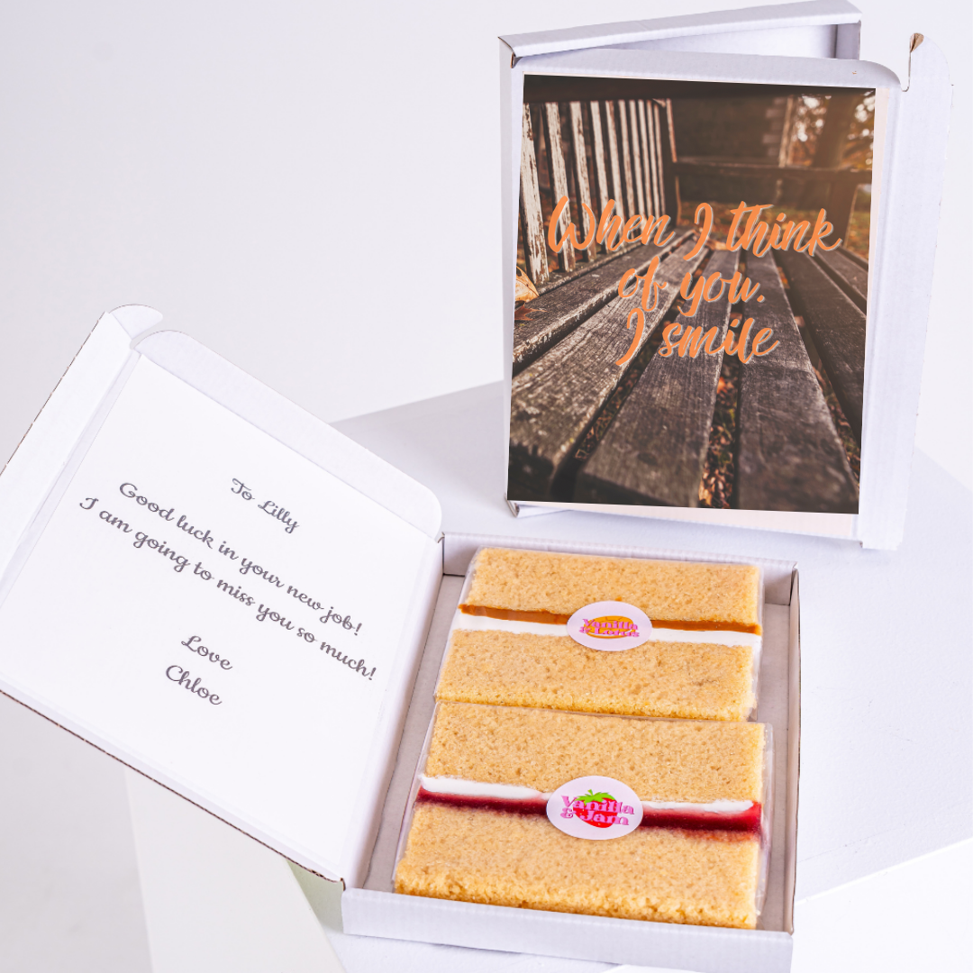 Farewell gift for Lilly with cake and When I think of you, I smile card.