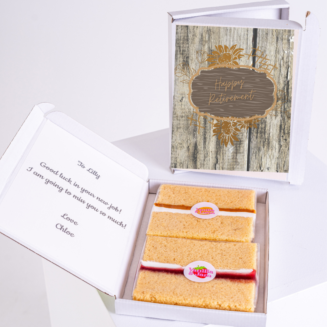 Retirement cake gift box with Happy Retirement card.