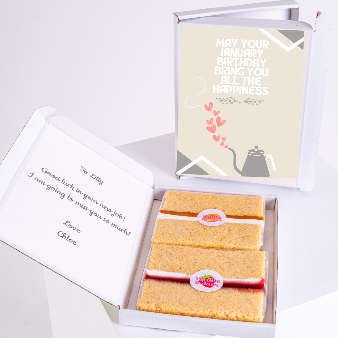 Cake gift box with birthday card for January birthday.