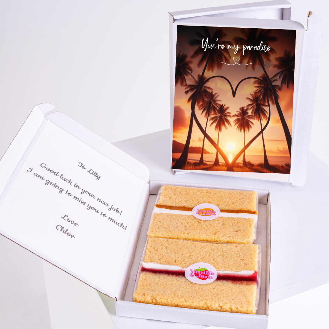 Gift box with You're my paradise card & cake, farewell gift for Lilly.
