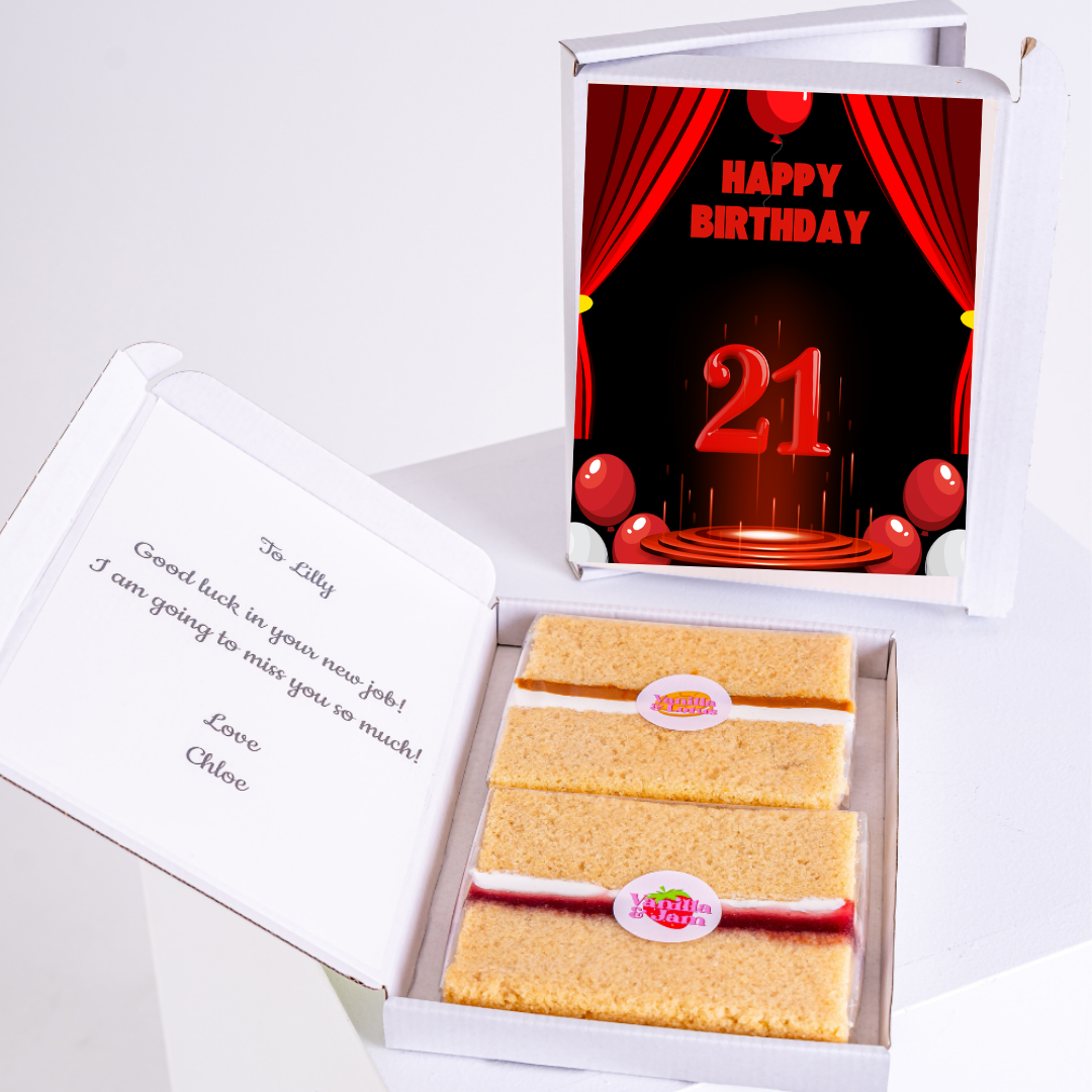 21st birthday cake gift box for Lilly, with a farewell message.