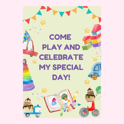 Party invite with toys, Come Play and Celebrate (#55)