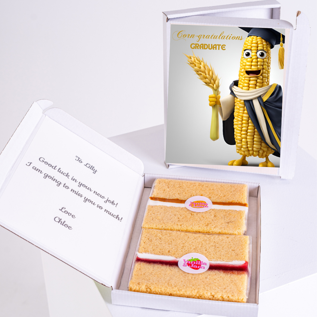 Graduation gift box with cake and corn graduate card