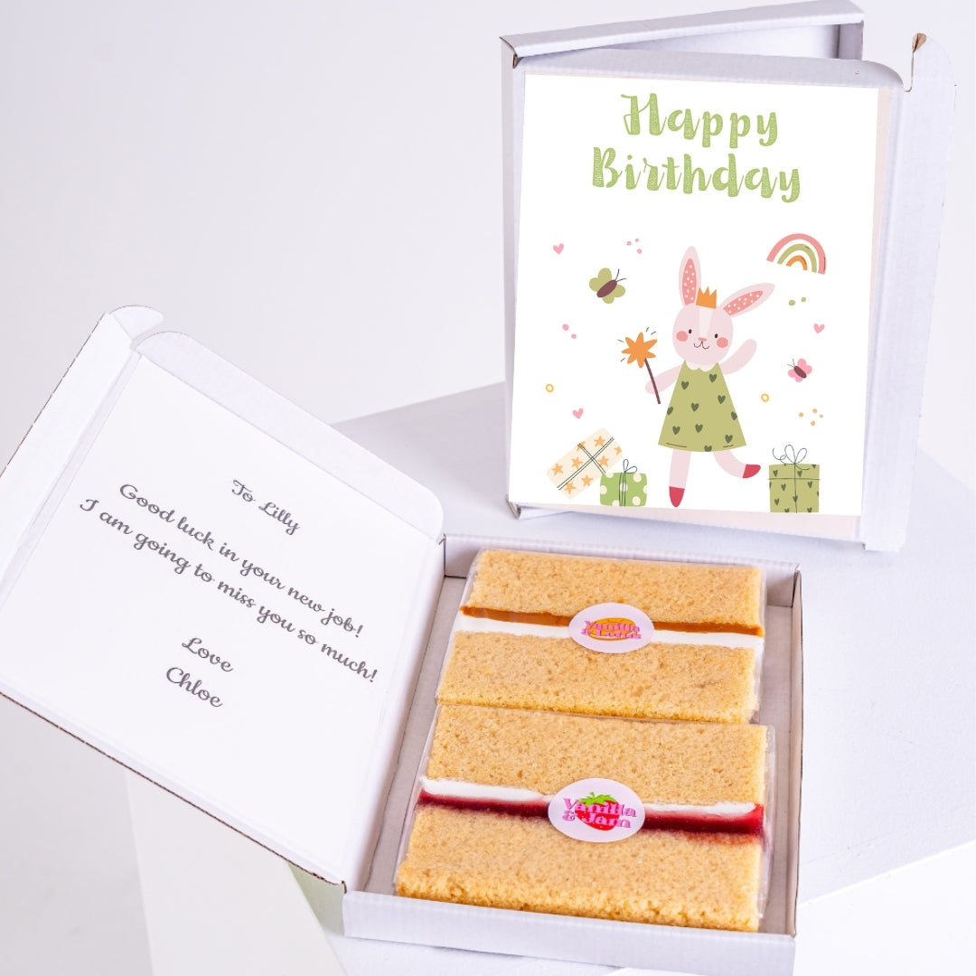Vanilla cake slices with personalised message inside box