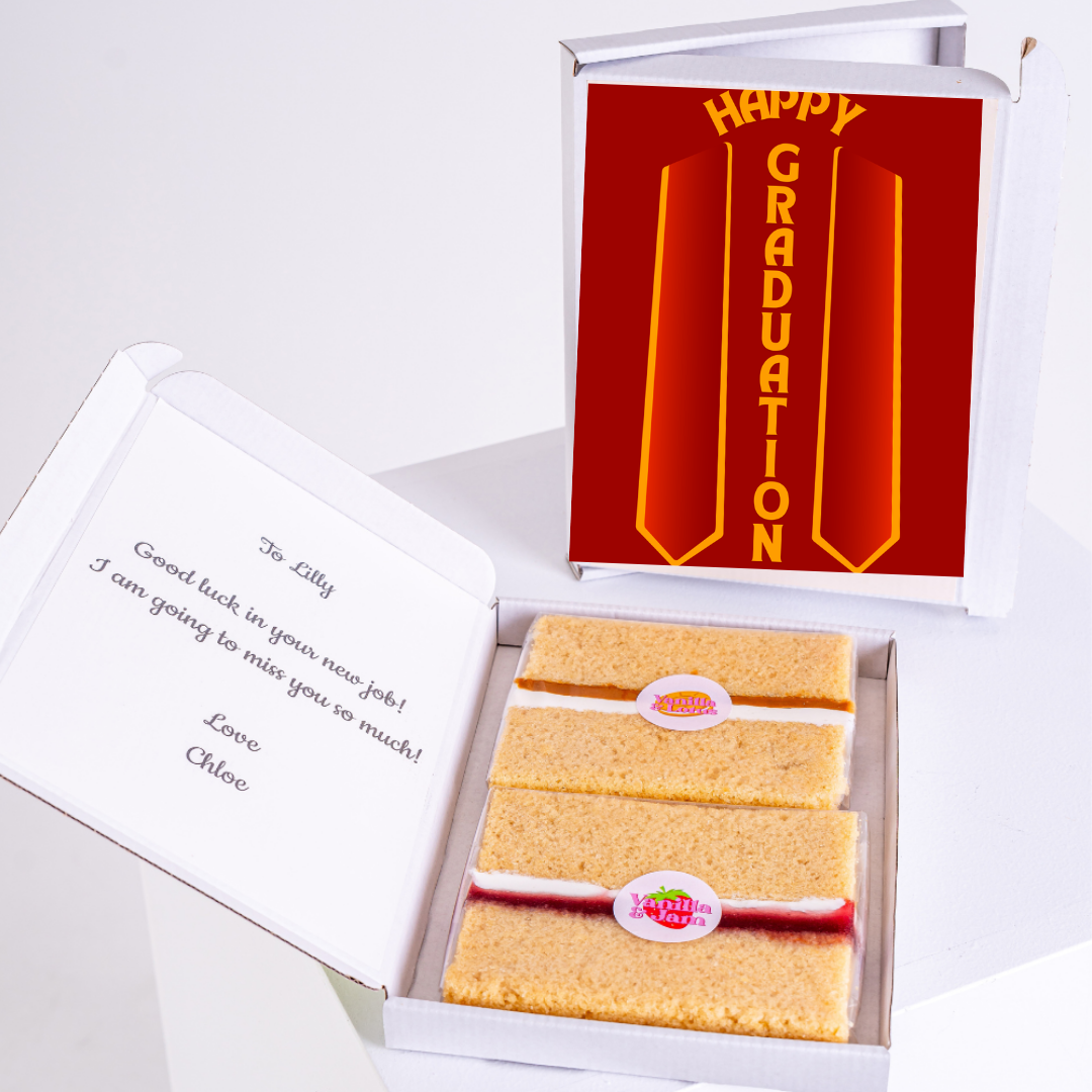 Graduation cake gift box with Happy Graduation card and a message.