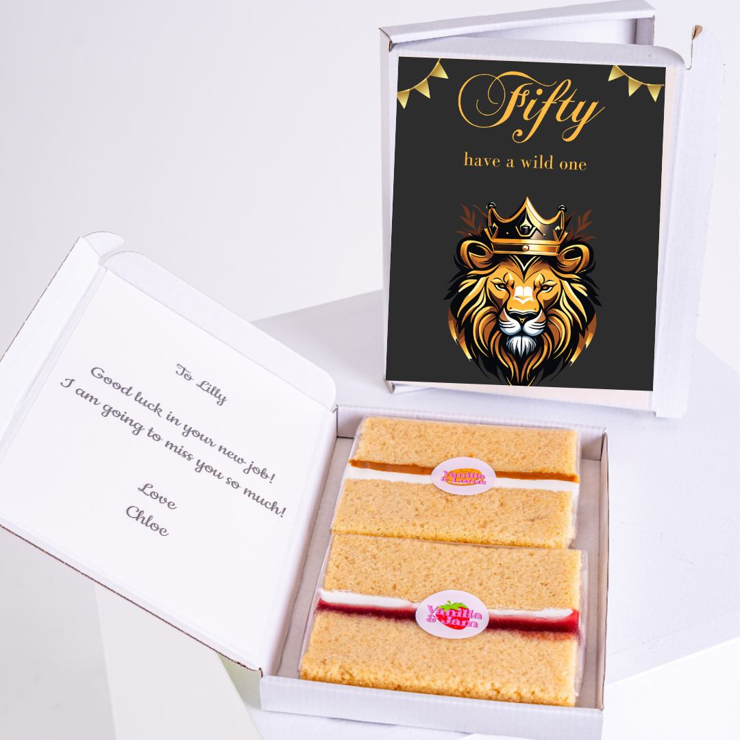 50th birthday cake gift box with lion and card for Lilly