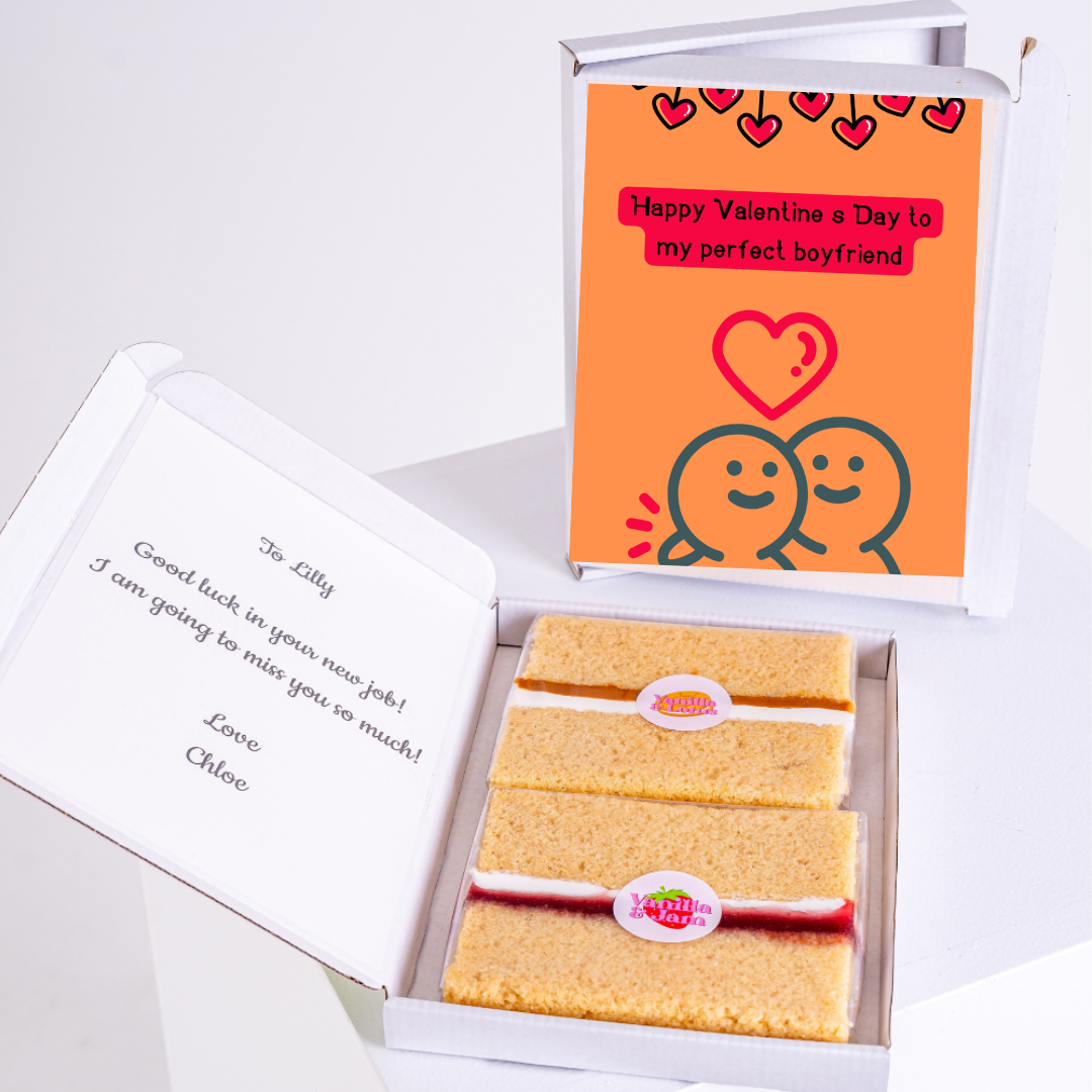 Valentine's Day gift box with cake and message for boyfriend.