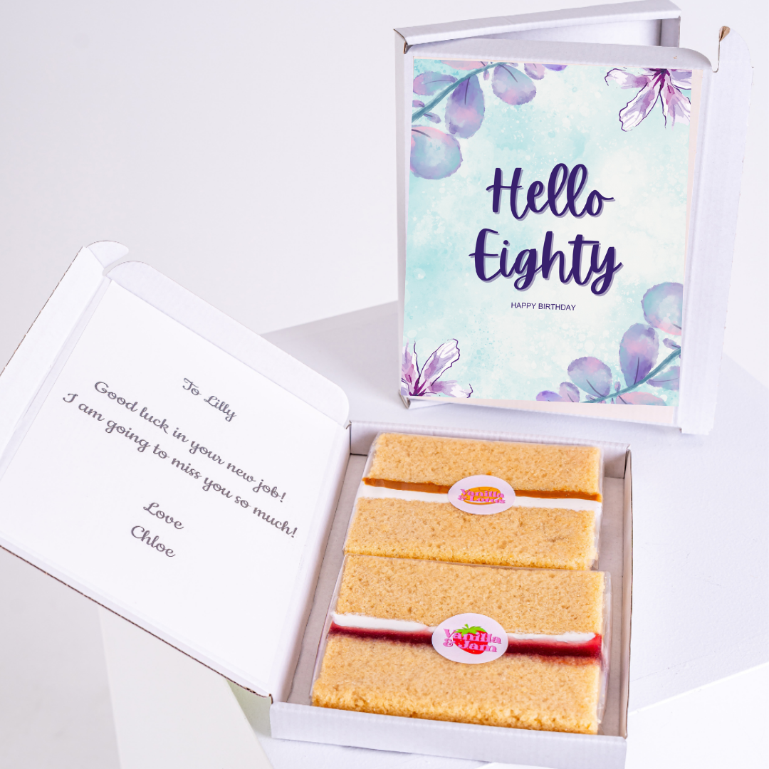 80th birthday cake with Hello Eighty card, farewell gift for Lilly