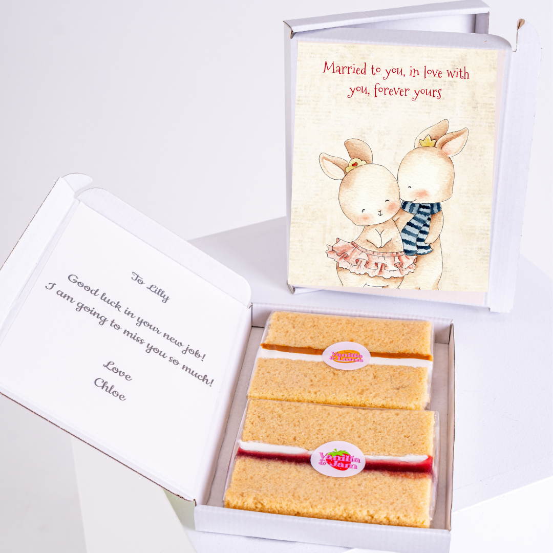 Cake gift box with Married to you card and message Good luck