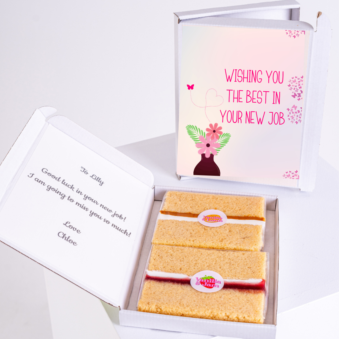 Cake gift box with Wishing you the best message and Good luck note.