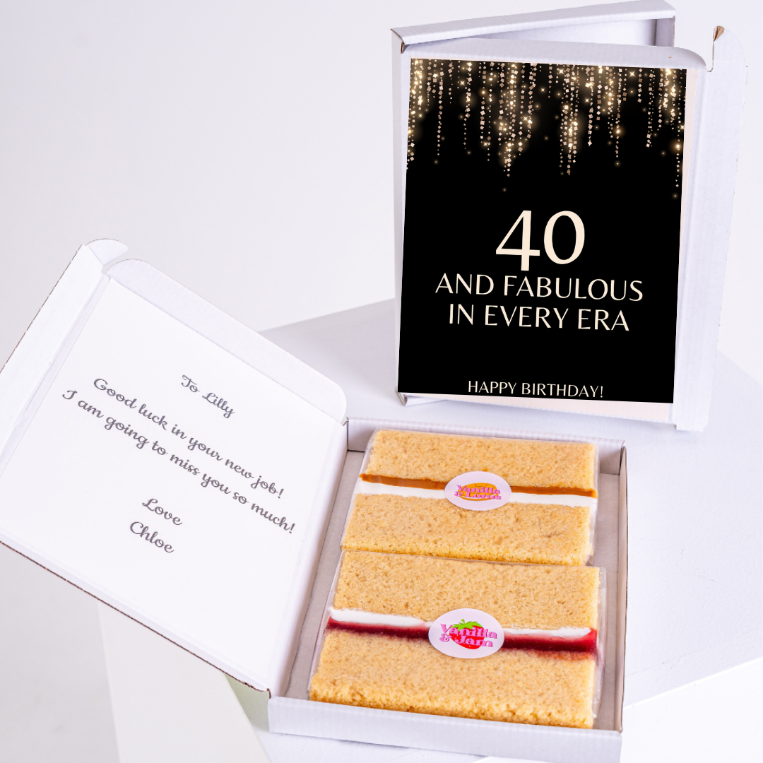 Birthday cake and card gift set celebrating 40th birthday.