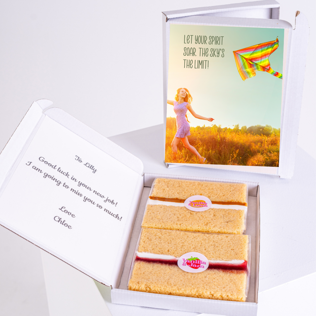 Gift box with cake and Let your spirit soar card for Lilly.