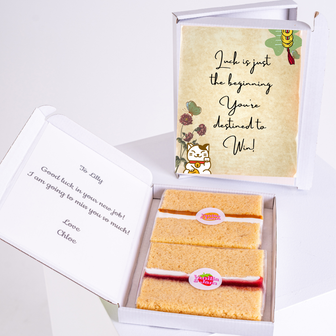 Gift box with cake and Good luck message for Lilly.