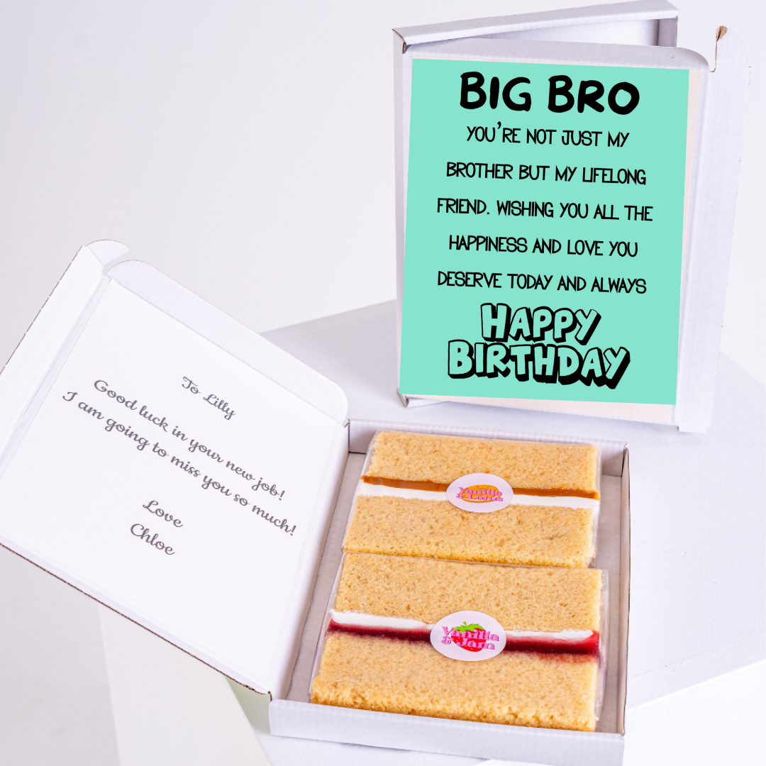 Birthday cake gift box for Big Bro with a message and cake slices.