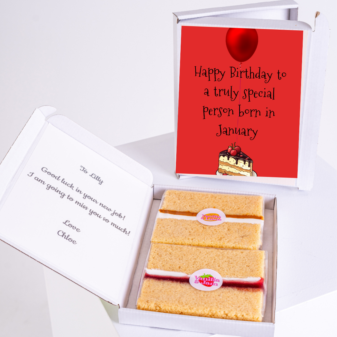 Birthday cake gift box with Happy Birthday card for January.