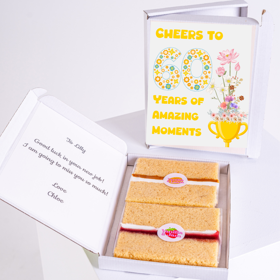 Cake box celebrating 60 years with a message for Lilly