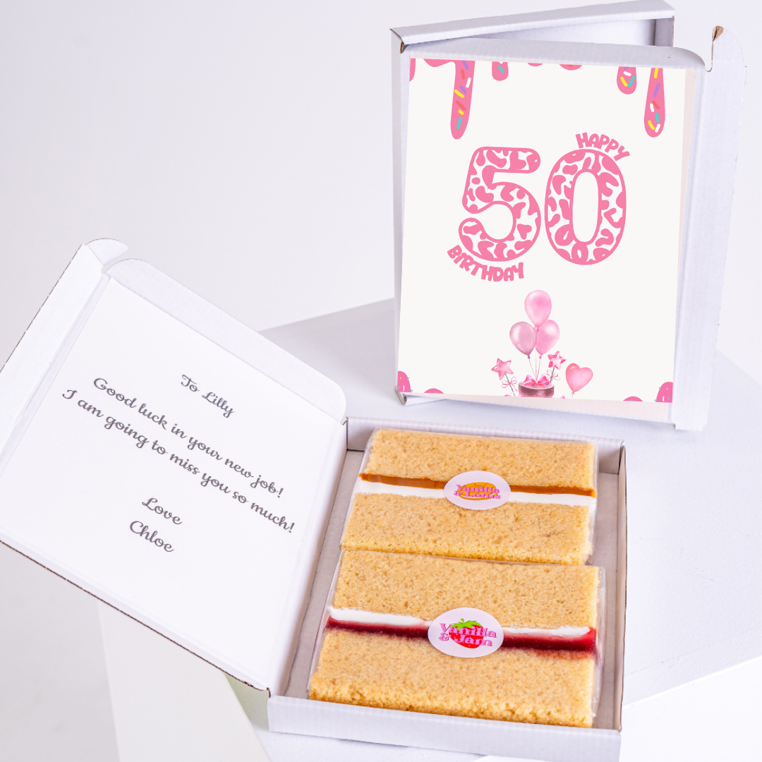 50th birthday cake with card, Happy Birthday & To Lilly message.