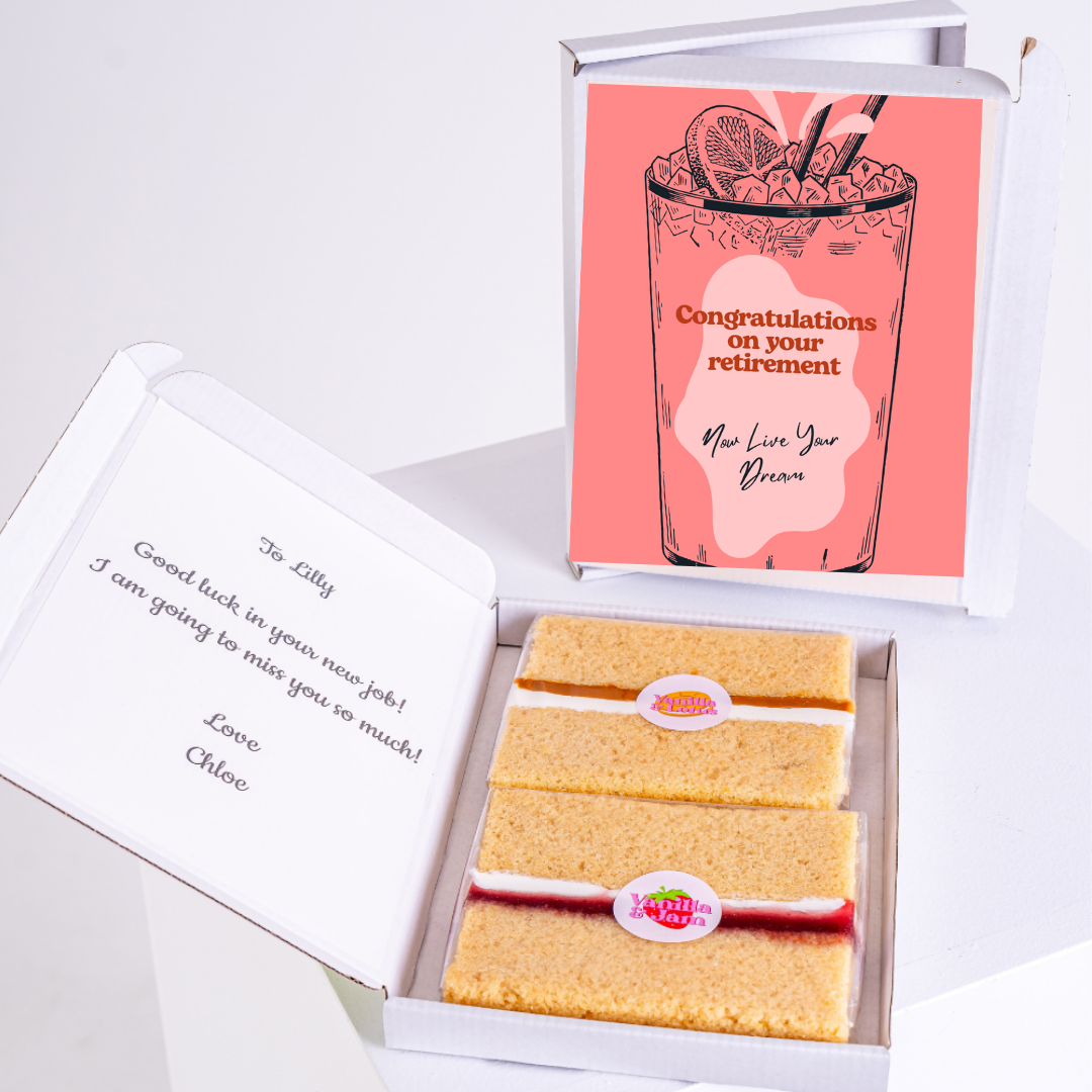 Retirement cake gift box with congratulations message