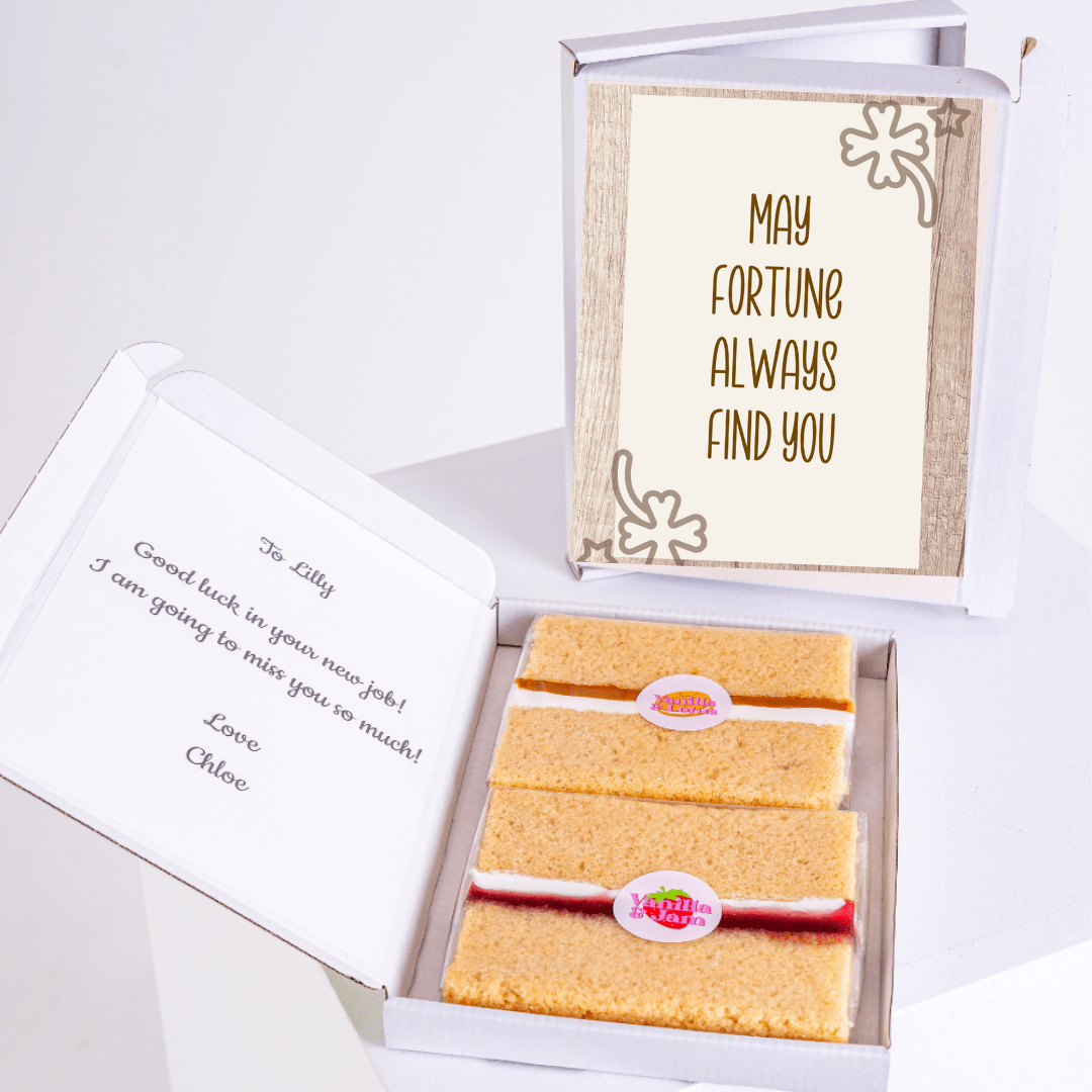 Gift box with cake and May fortune always find you card.