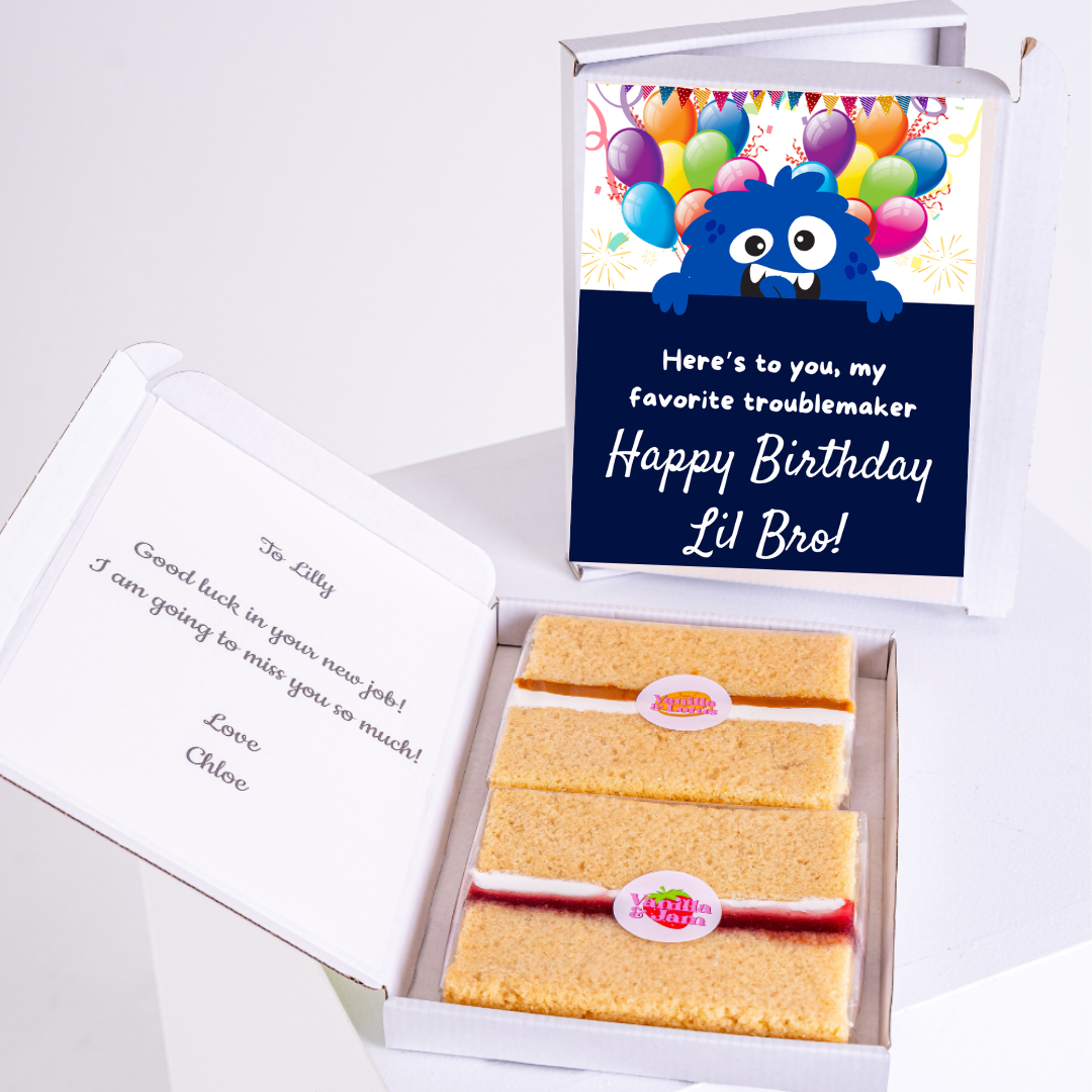 Birthday cake box with Happy Birthday Lil Bro! message and well wishes.