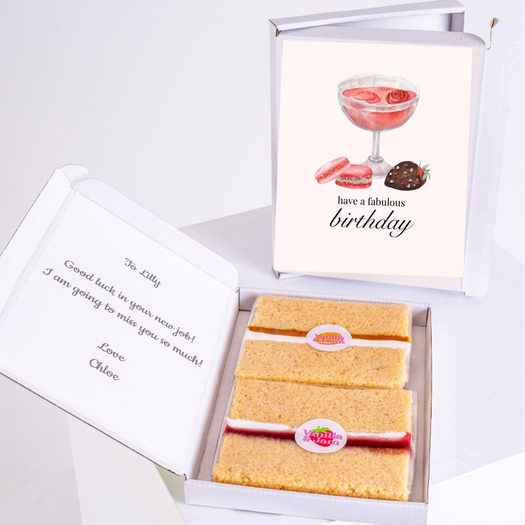 Letterbox cake gift with cocktail and treats birthday design.