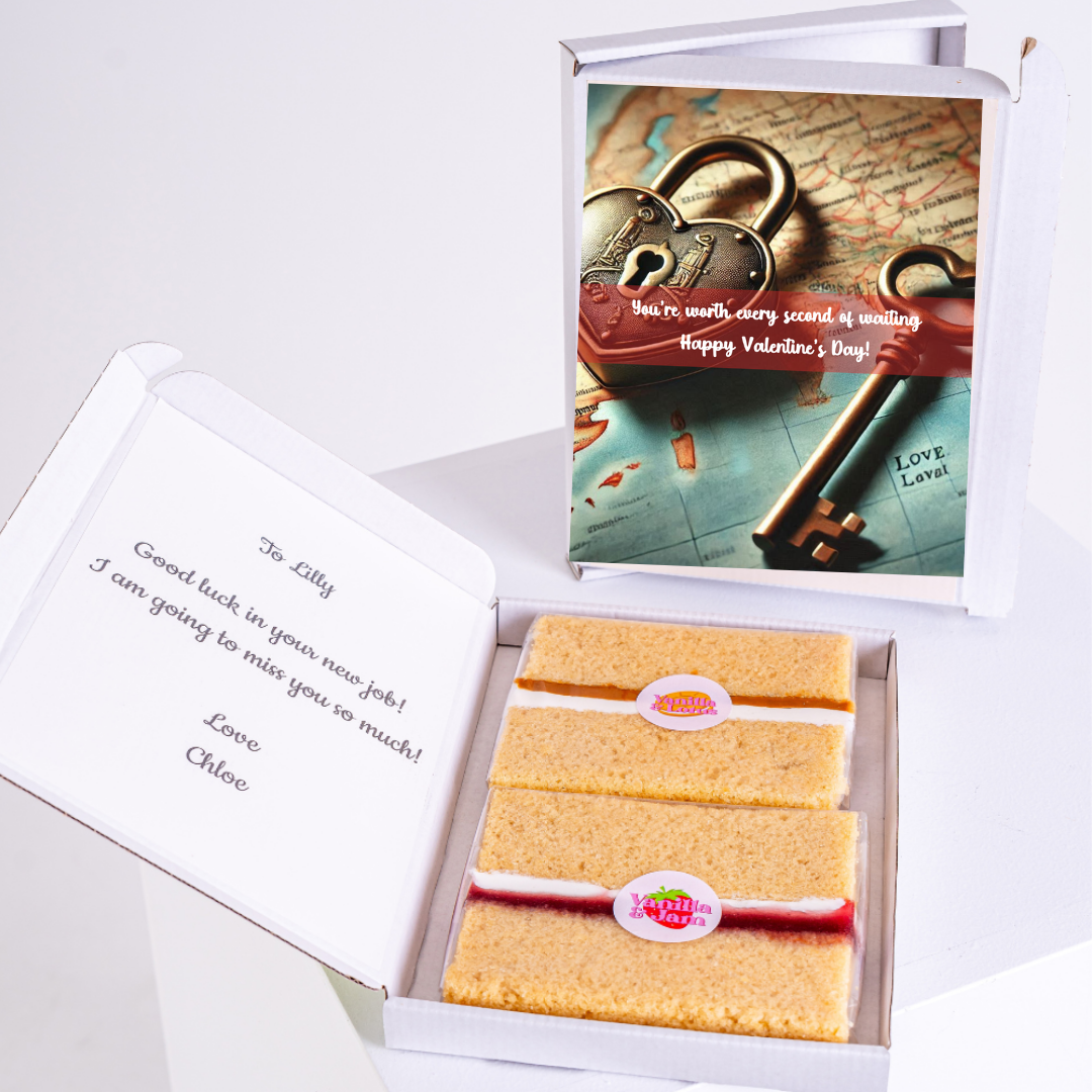 Valentine's Day gift box with cake, card, and map design.