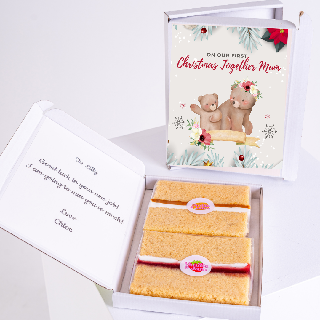 Christmas gift box for Mum with cake and card, On Our First Christmas Together