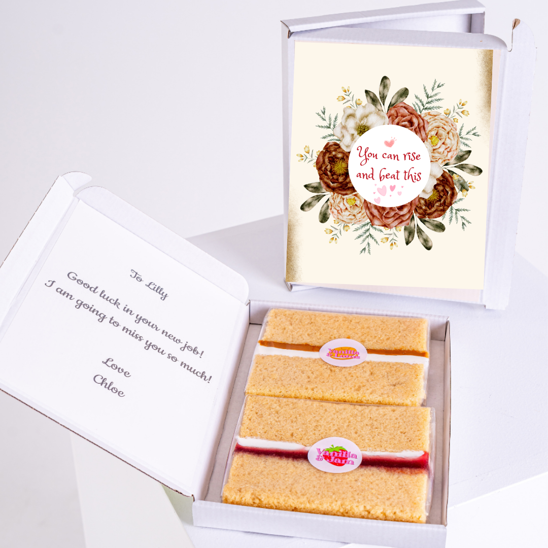 Gift box with cake, card, and Good luck message for Lilly