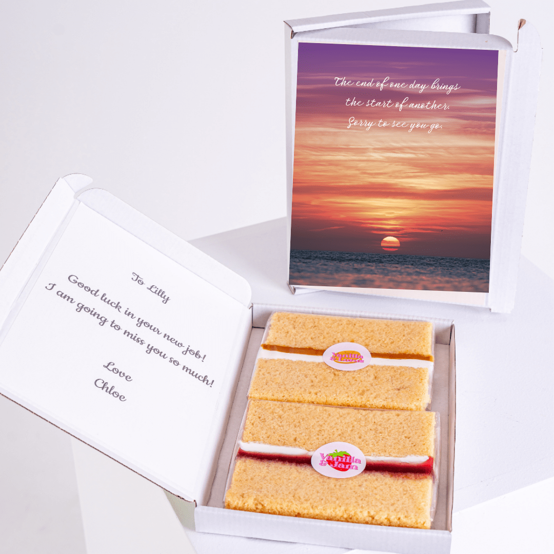 Farewell cake gift for Lilly with sunset card