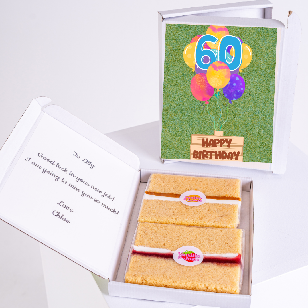 60th birthday gift for Lilly with cake and balloons.