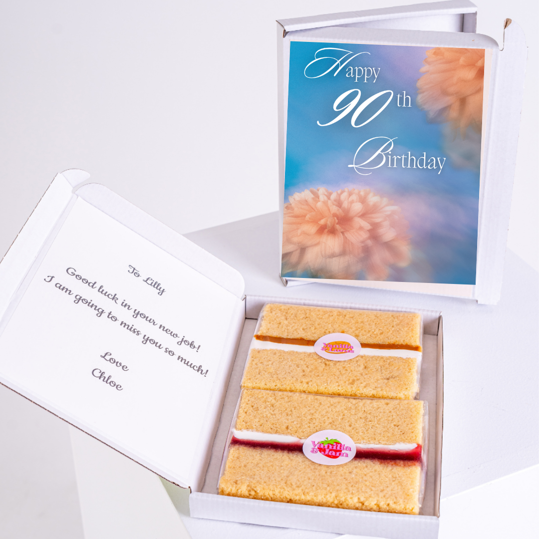 90th Birthday Cake Gift Box, Happy 90th Birthday Card & Note from Chloe