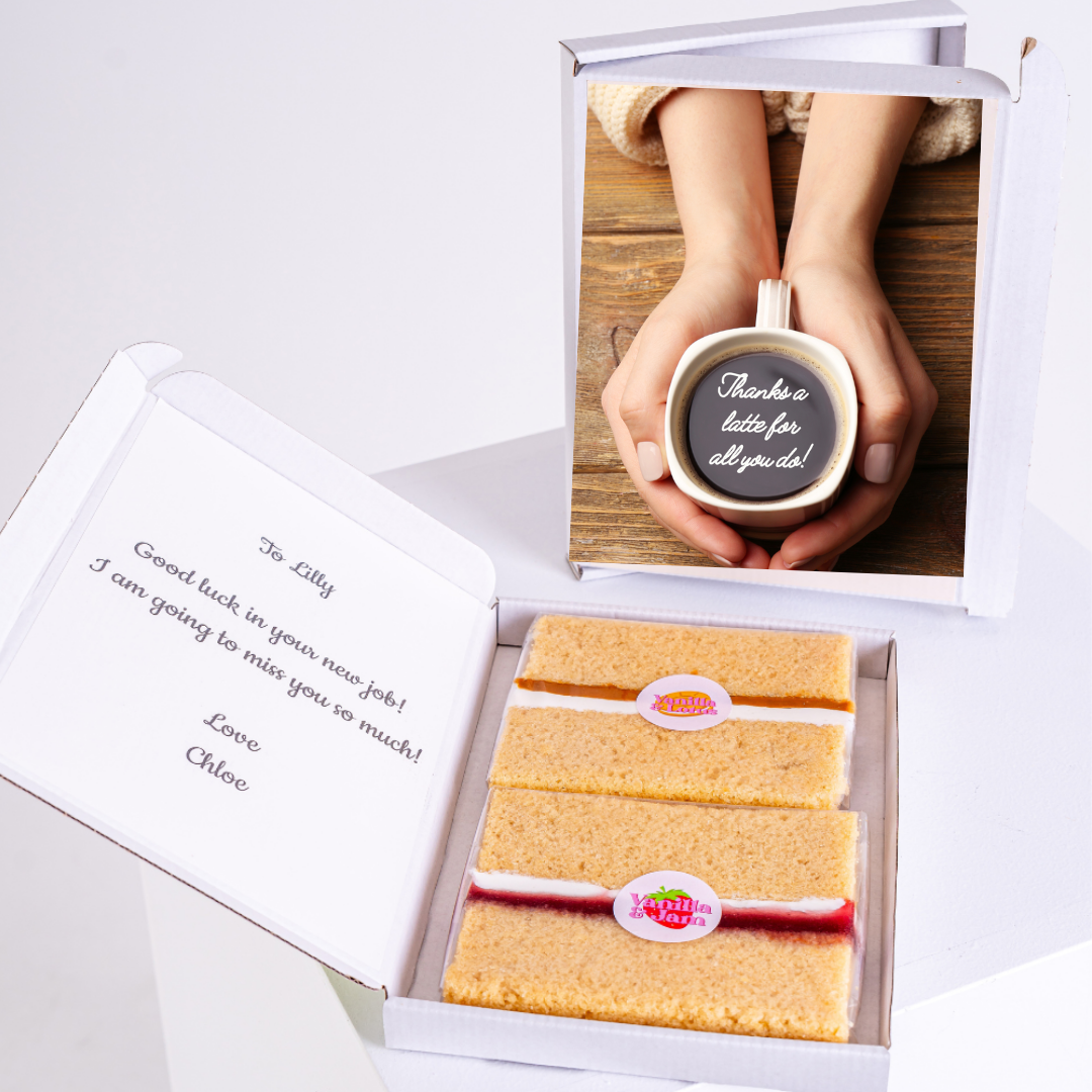 Cake box gift for Lilly with coffee mug and message