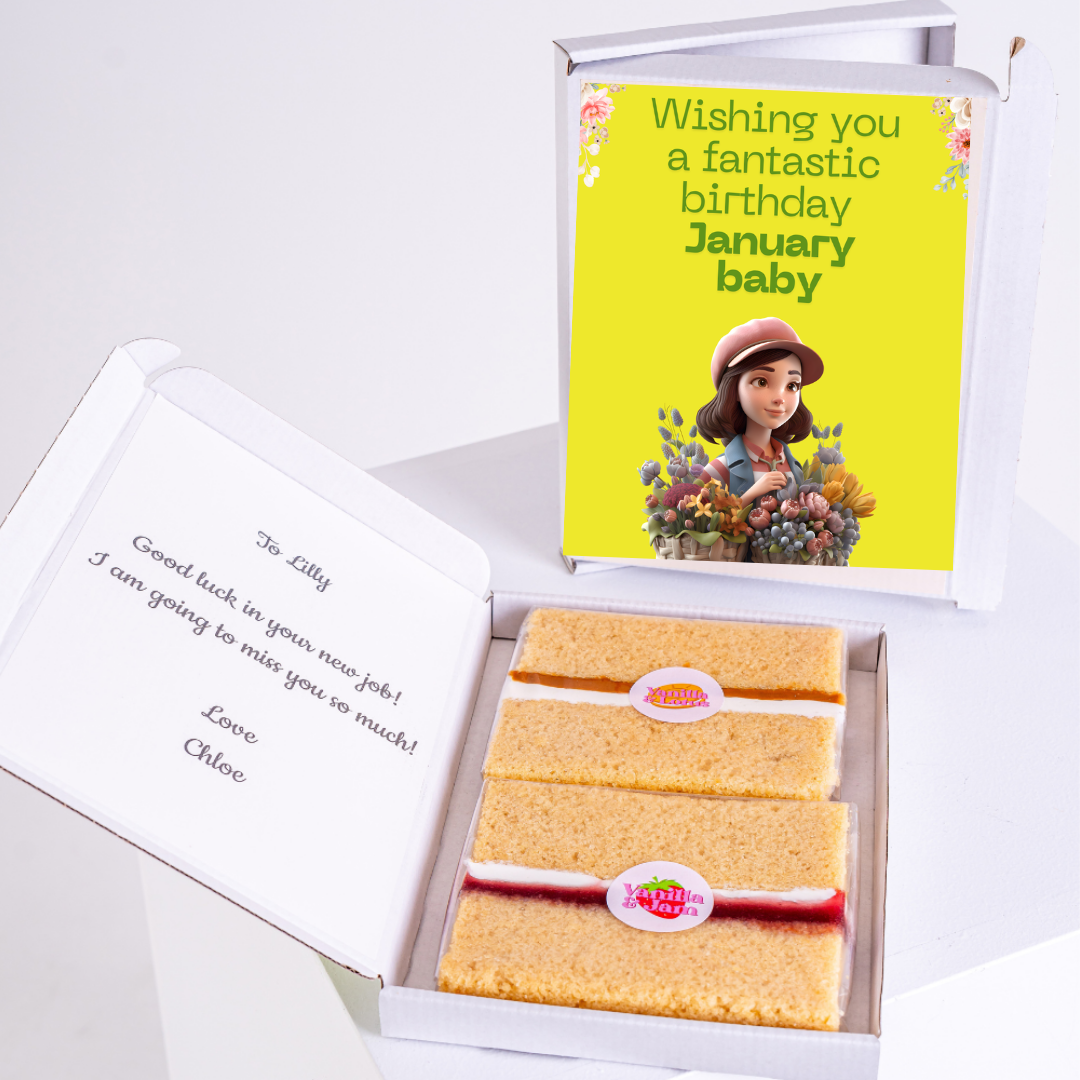 Birthday gift box with cake, January baby message, and Good luck note.