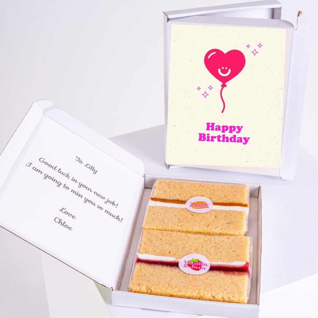 Vanilla cake gift with playful heart balloon design