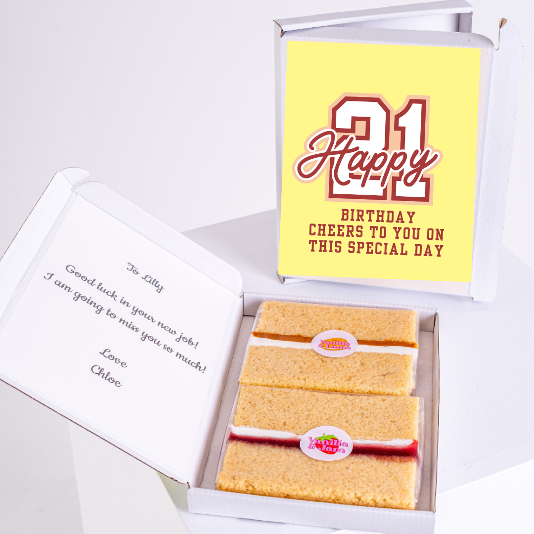 21st birthday cake box with card and personalized message.