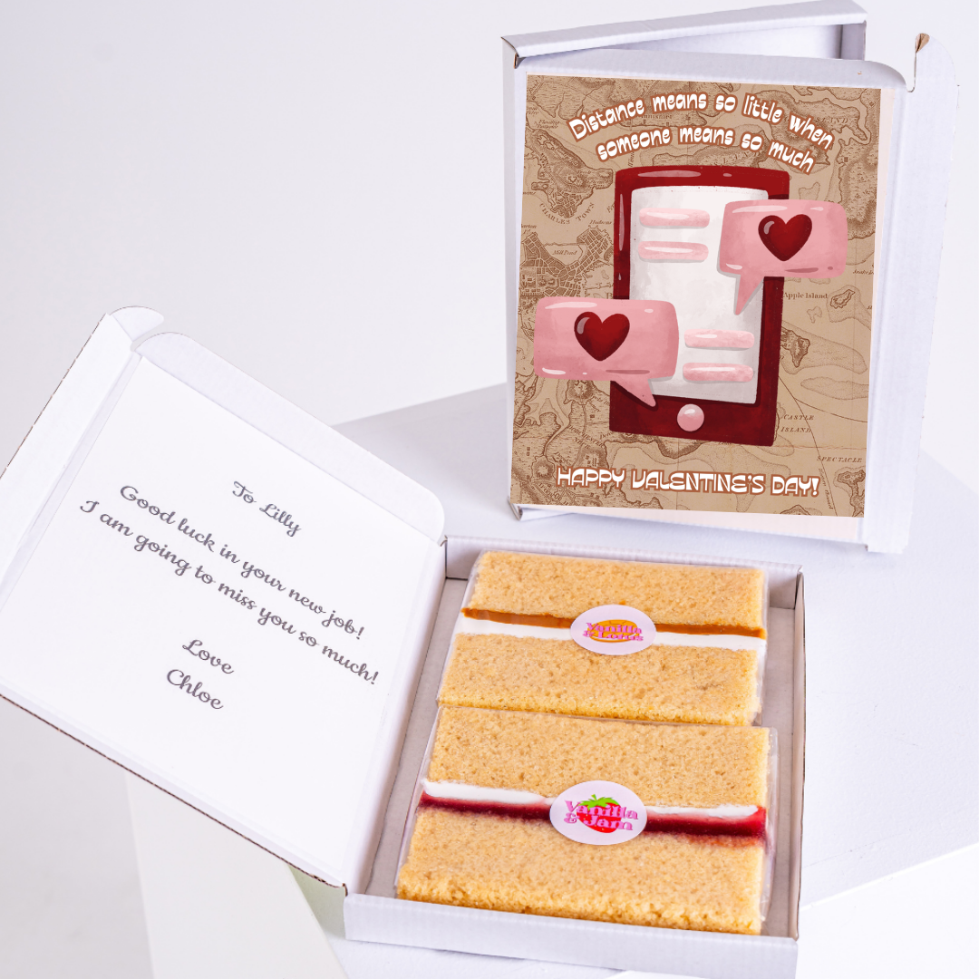 Valentine's Day gift box with cake, card, and message to Lilly.