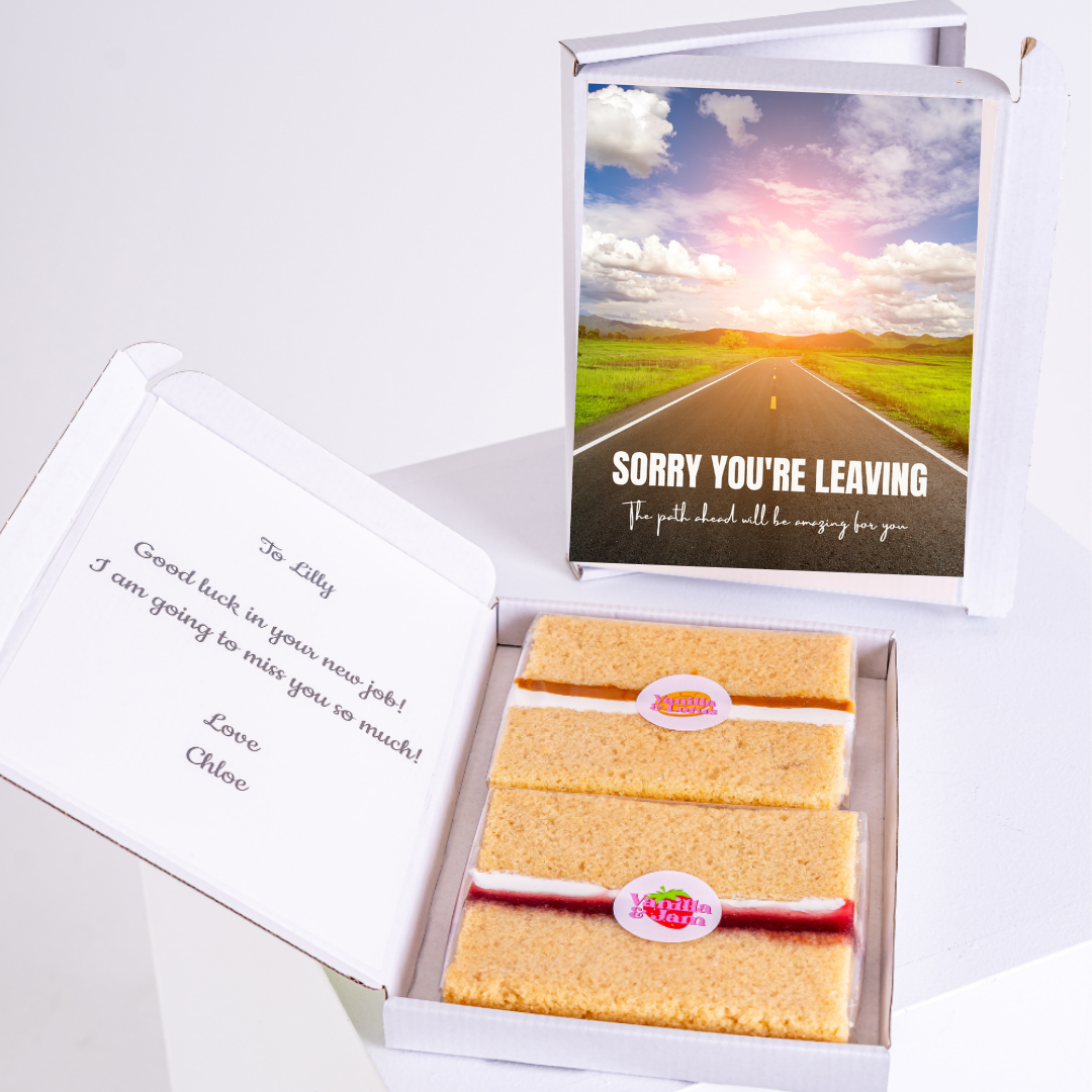 Cake gift box with Sorry You're Leaving message, farewell card.
