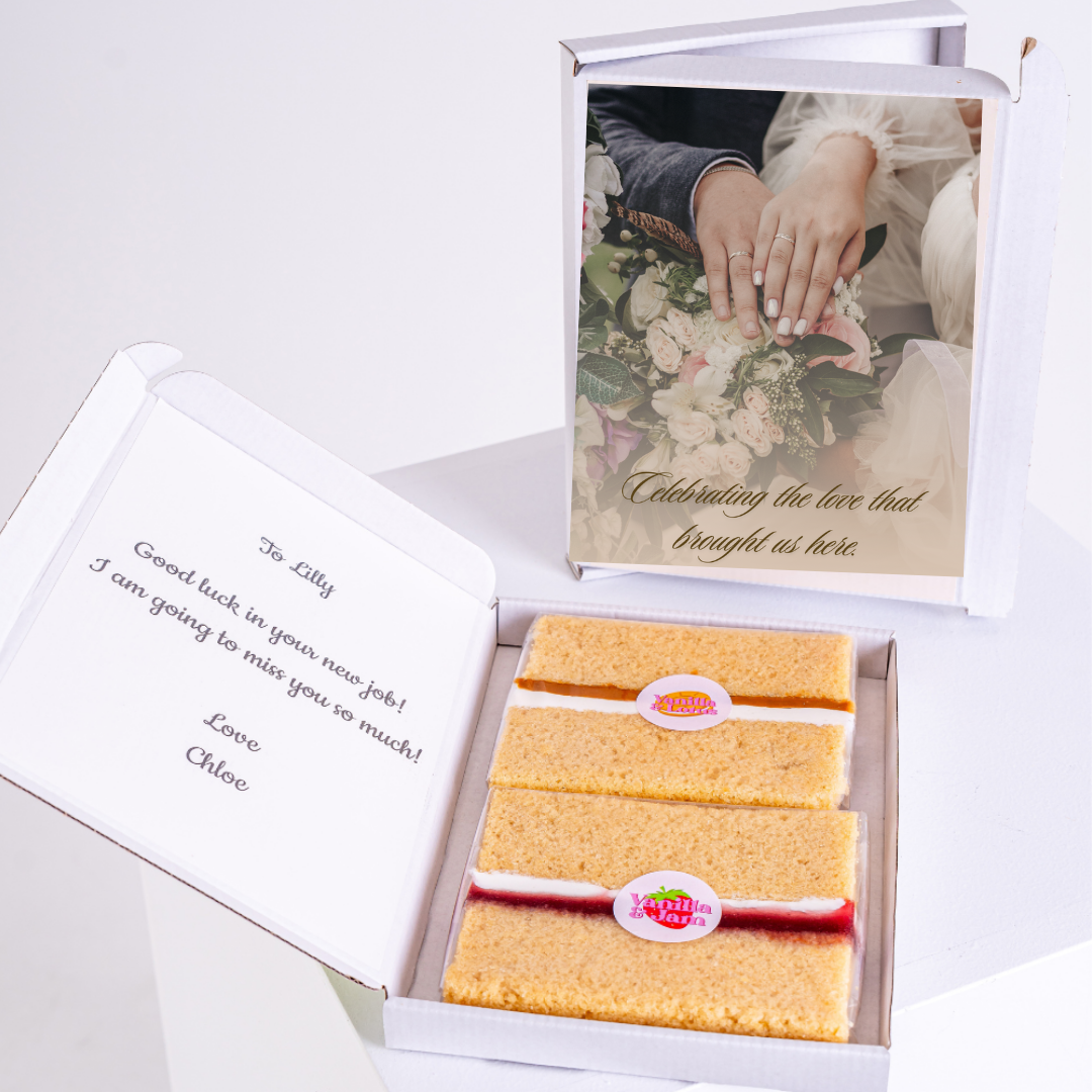 Cake gift box for Lilly with wedding photo and well wishes.