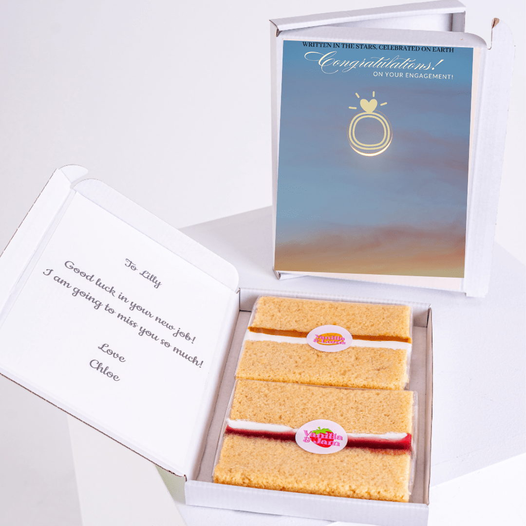 Engagement cake gift box for Lilly with message, congratulations