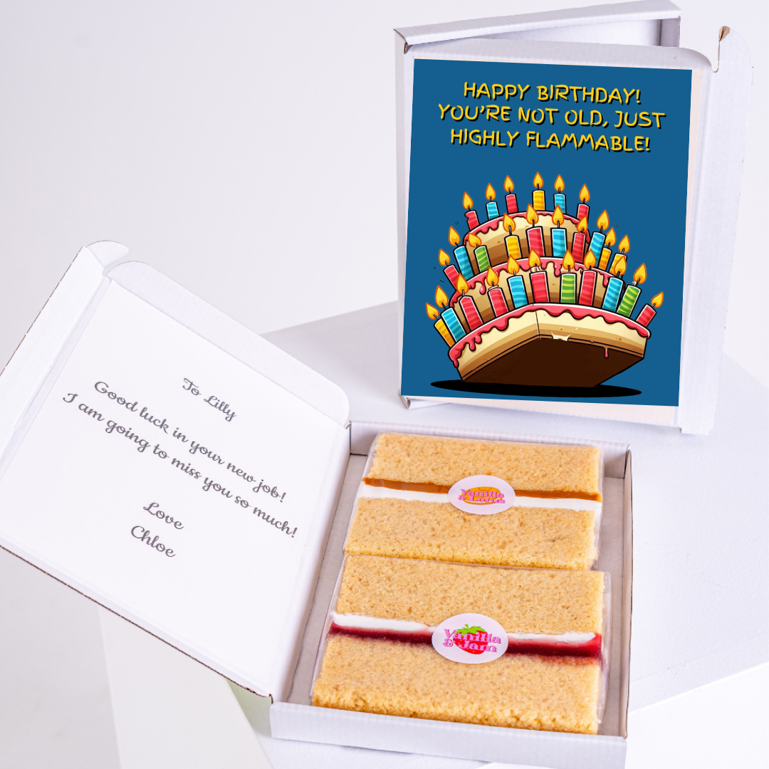 Birthday cake gift box for Lilly, Highly Flammable card.
