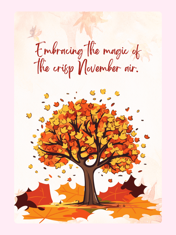 November tree with falling leaves, embracing crisp air